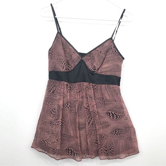 Express Black Mauve Silk Graphic Design Chiffon Baby Doll Tank Blouse - Picture 1 of 11